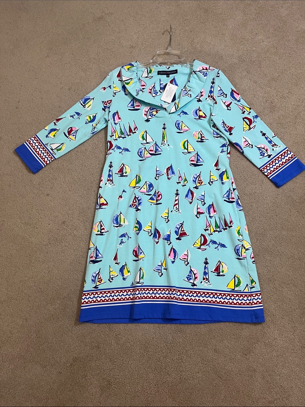 Barbara Erickson Sailboat Nautical Ruffle Neck Dress Size M NWT Cotton Stretch